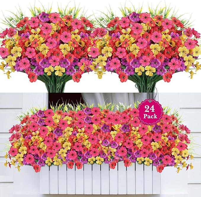 24 Bundles Realistic Fake Flowers for Outdoors, No Fade Faux Silk Flowers & Artificial Plants Lavender, for Garden Patio Porch Decor, Window Box, Hanging Basket, Planter, Grave Decorations