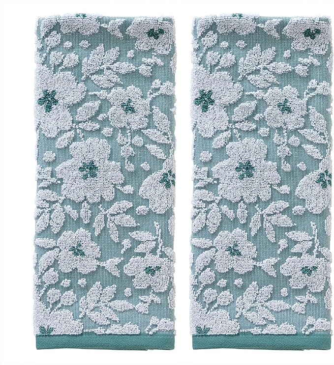 SKL Home Floral Jacquard Hand Towel Set, Moss Green, 2 Count