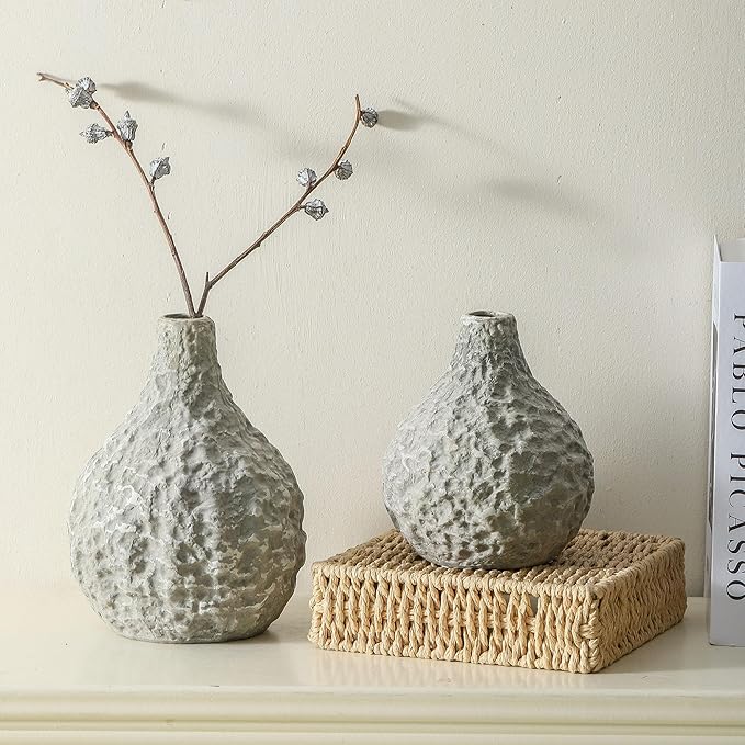 Stone Vases，Ceramic Bud Vase Set of 2,Minimalist Vases for Pampas Grass,Modern Vase for Wabi Sabi Home Decor, Shelf Decoration，Fireplace Decor,Coffee Table Decor