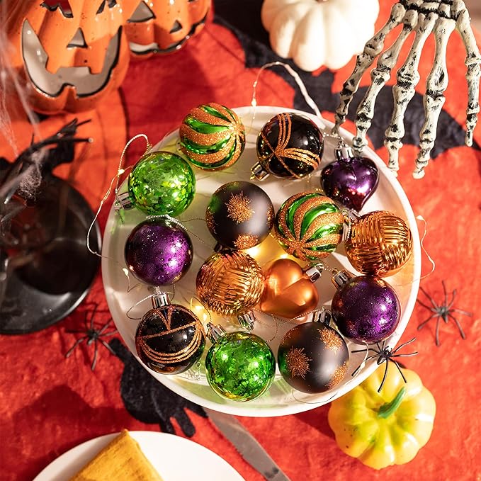 Valery Madelyn 28Pcs Halloween Heart Shaped Ornaments Gift Pack, Halloween Craft Painted Tree Heart Decorations, Orange Purple Green Christmas Baubles Hanging Indoor Holiday Party Decor