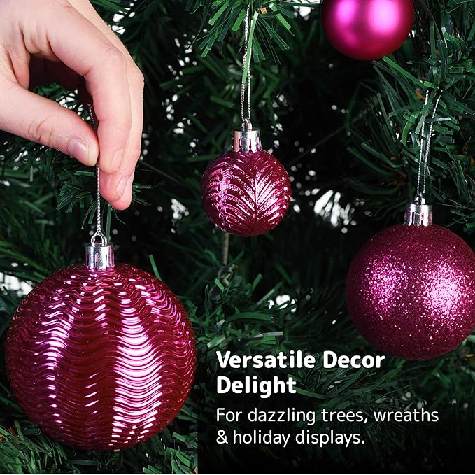 PREXTEX Pink Christmas Ornaments - 36-Piece Shatterproof Pink Christmas Tree Balls Set with Hanging Loops for Xmas Decorations - Durable Fuschia Holiday Balls in Matte, Shiny, Glitter and Disco