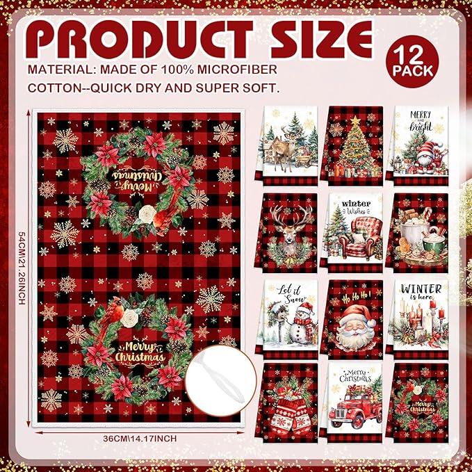 12 Pcs Christmas Kitchen Towels and Dishcloths Absorbent Christmas Tree Reindeer Truck Hand Dish Towels Decoration for Xmas Home Gift Supplies, 14.2 x 21.3 Inch(Fresh Style)