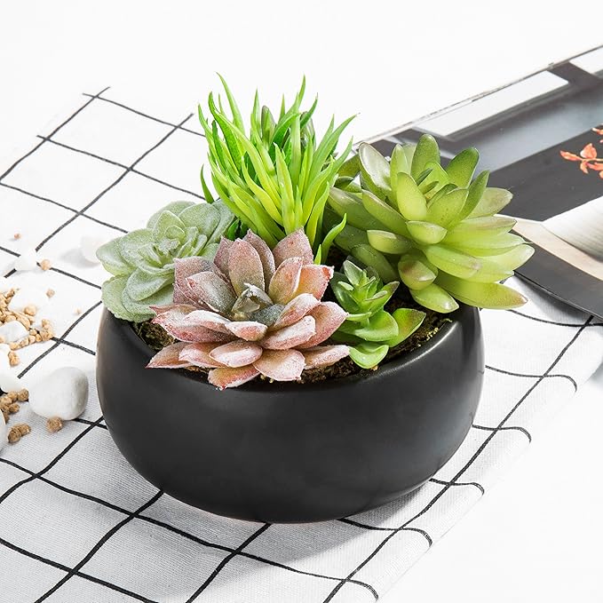 MyGift Mini Artificial Succulent in Pot, Fake Plant Arrangement in Black Ceramic Planter Bowl