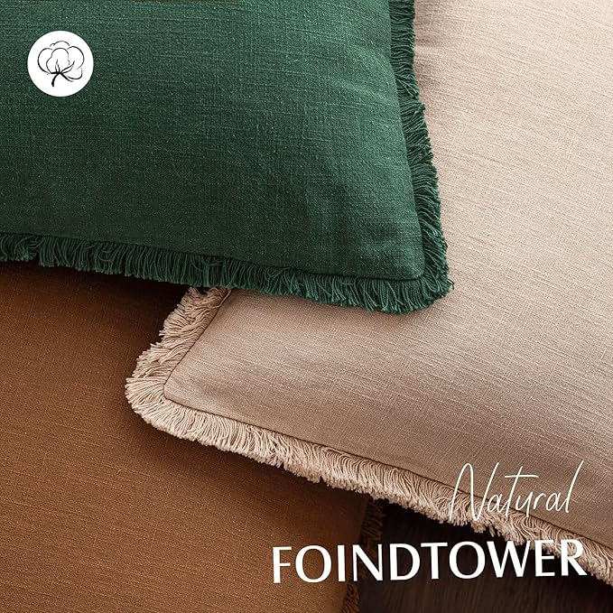 Foindtower Set of 2 Decorative Linen Fringe Throw Pillow Covers Cozy Boho Farmhouse Cushion Cover with Tassels Soft Accent Pillowcase for Couch Sofa Bed Living Room Home Decor, 26×26 Inch, Pine Green