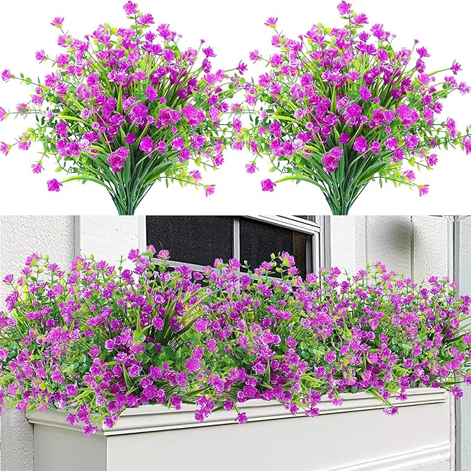 Sggvecsy Artificial Flowers for Outdoors 12 Bundles UV Resistant Boxwood Shrubs Artificial Eucalyptus Fake Plants Faux Plastic Greenery for Farmhouse Garden Home Indoor Outdoor Decoration（Magenta）