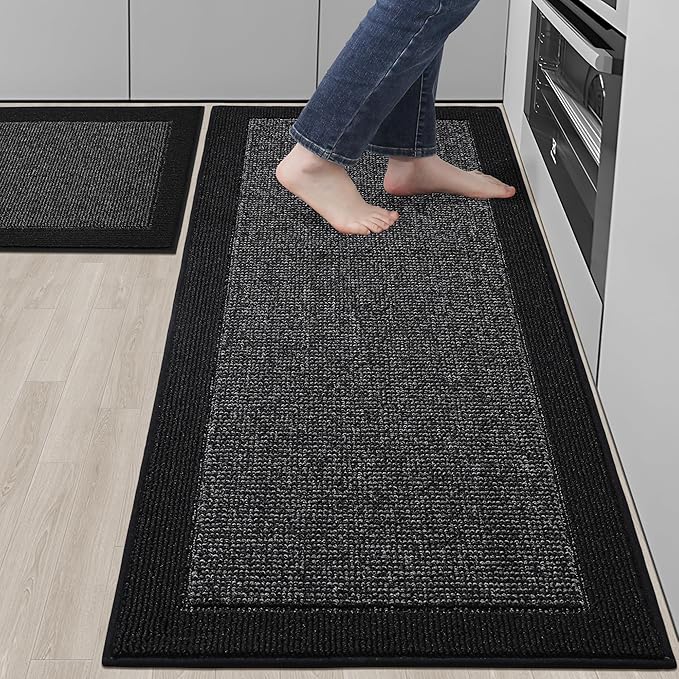 BEQHAUSE Kitchen Rugs and Mats Set of 2 Non-Slip Kitchen Mats for Floor, Absorbent and Stain Resistant Kitchen Runner, Machine Washable Rugs for Kitchen, Laundry & Sink, 24"x36"+24"x60", Black