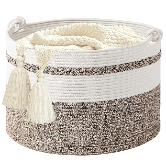 Large Blanket Basket,20''x13'' Storage Basket for Living Room;Toy storage for Organizing,Baby Hamper,Kids Organizer,Woven rope basket;Nursery Storage Bin,White+Dark Brown