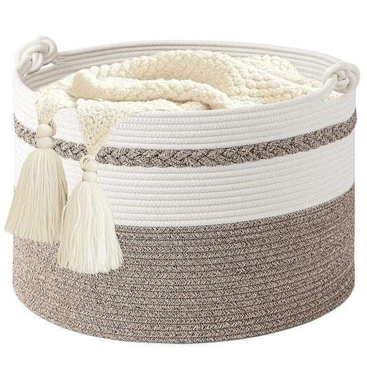 Large Blanket Basket,20''x13'' Storage Basket for Living Room;Toy storage for Organizing,Baby Hamper,Kids Organizer,Woven rope basket;Nursery Storage Bin,White+Dark Brown