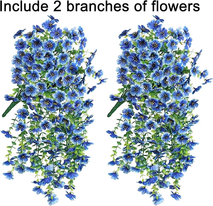 Artificial Faux Hanging Flowers Plant for Fall Outdoor Outside Decoration, 2 PCS Fake Silk Violets with Eucalyptus UV Resistant Realistic Daisy Trailing Vines for Balcony Yard Patio Porch Planter,Blue