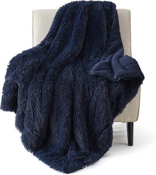 Bedsure GentleSoft Fuzzy Faux Fur Twin Blanket, Navy Blue Cozy Gifts for Men, Soft Sherpa Fleece Plush Warm Minky Thick Blanket Twin Size for Bed, Navy Dorm Decor Blue Gifts for Boys, 60x80