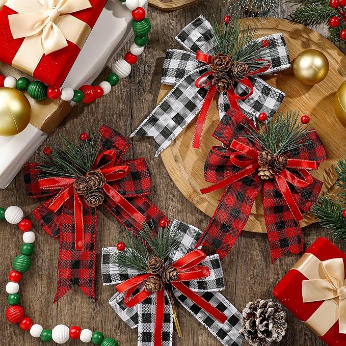 Syhood 6 Pcs Christmas Bows with Pine Cones Pine Needles Xmas Buffalo Plaid Bows Black White Plaid Ribbon Christmas Tree Wreath Decoration for Xmas Parties Indoor Outdoor Crafts DIY Decor