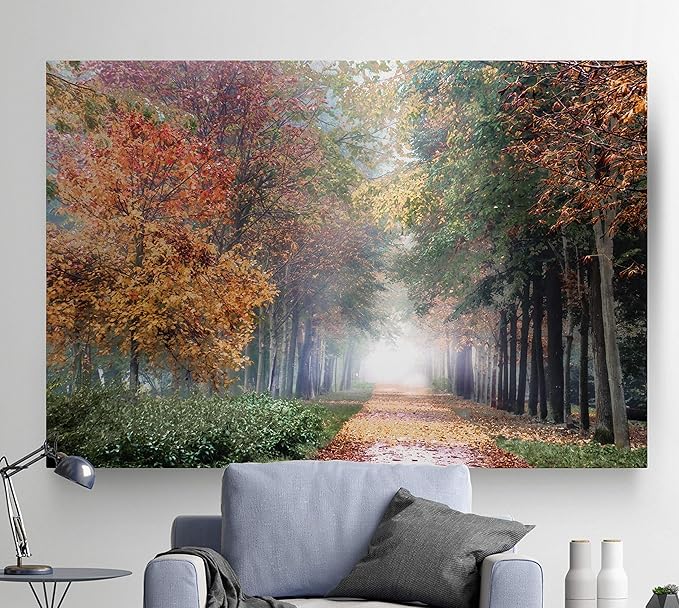 Renditions Gallery Home Wall Art Pictures Pathway through the Misty Autum Forest Canvas Hanging Prints for Living Room Office Decorations - 24"X36" LT08