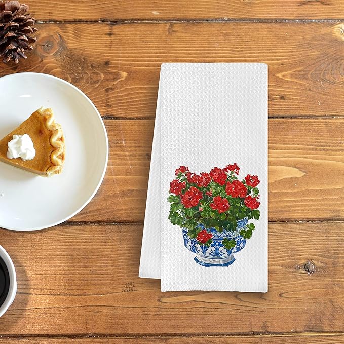 Chinoiserie Blue and White Geranium Porcelain Towels - Kitchen Dish & Bath Hand Towels (16x24 Inches, 8)