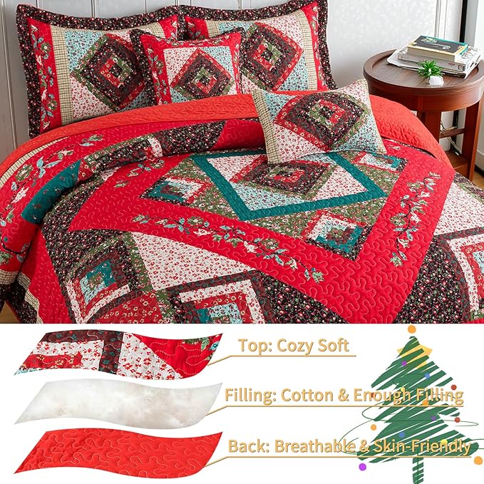 VAPUTAR King Quilt Bedding Set, Cotton Christmas Quilt Bedding Set Lightweight Coverlet with 2 Shams(98"X106"), King Quilts Set for All Season, Farmhouse Style Bedspread