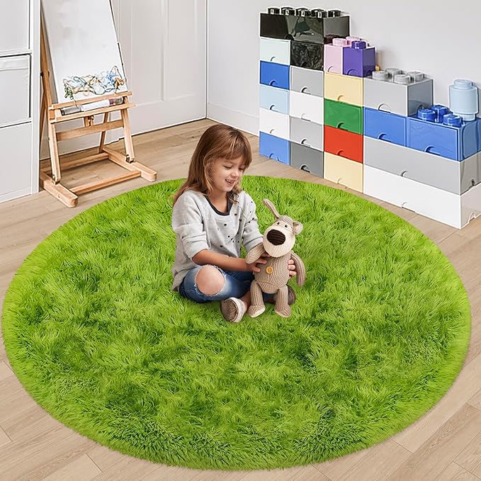 5x5 ft Tie Dye Green Round Rug for Bedroom Room Fluffy Circle Rug Furry Carpet Shaggy Circular Fuzzy Washable Non-Slip Large Area Rug Soft Indoor for Living Room Cute Aesthetic Home Decor