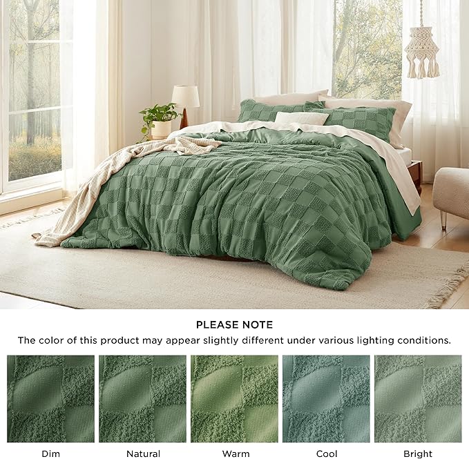 Bedsure Queen Size Comforter Set Green, Boho Tufted Bed Set, Checkered Farmhouse Shabby Chic Bedding, 3 Pieces, 1 Plaid Geometric Comforter and 2 Pillow Shams