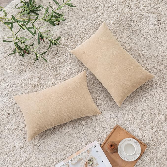 GAWAMAY Decorative Rectangle Throw Pillow Covers 12"x20" Inch Set of 2, Soft Chenille Fall Lumbar Support Pillow Cases for Living Room Bedroom Sofa Couch Cushion Cover Beige 30x50cm (No Inserts)