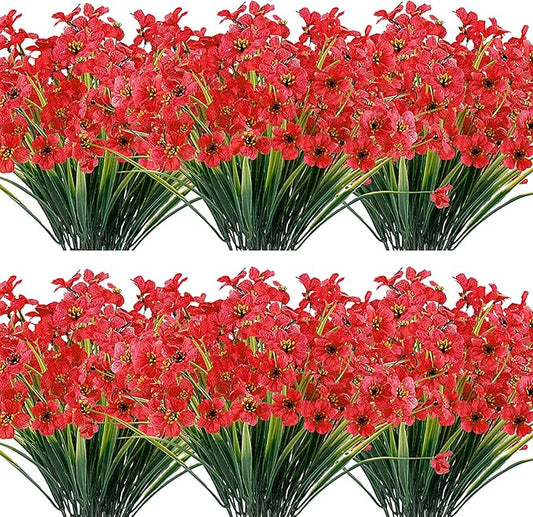 20 Bundles Artificial Flowers Outdoor UV Resistant Fake Flowers No Fade Faux Plastic Plants Garden Porch Window Box Decorating (Deep Red)…