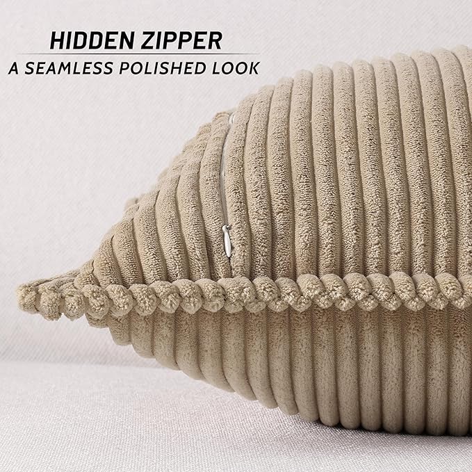 Mecatny Corduroy Throw Pillow Covers 26x26 Set of 2, Neutral Decorative Soft Boho Couch Pillow Covers with Broadside for Sofa Living Room, Khaki