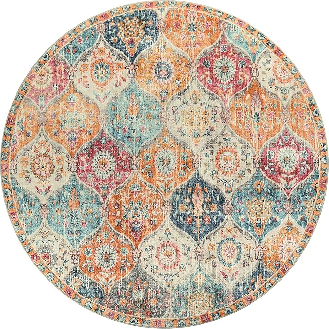 Lahome Moroccan Trellis Washable Round Area Rug, Soft Round Rugs 6ft Ultra-Thin Non-Slip, Vintage Large Circle Carpet for Bedroom Living Room Kitchen Nursery, Cream/Multi