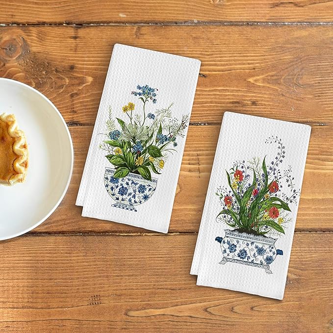 Chinoiserie Floral Kitchen Towels Set of 2 - Retro Flower Chinoiserie Dish Towels for Kitchen, Chinoiserie Kitchen Hand Towels, Chinoiserie Waffle Weave Tea Towels Decorative Set 16 X 24 Inch