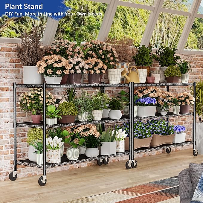 Heavy Duty Shelving, 51.6" H Garage Shelving Unit with Wheels, 3-Tier Garage Storage Shelves Metal Shelves Rack, Adjustable Industrial Shelving for Warehouse Storage, 60" W x 24" D x 51.6" H, Black