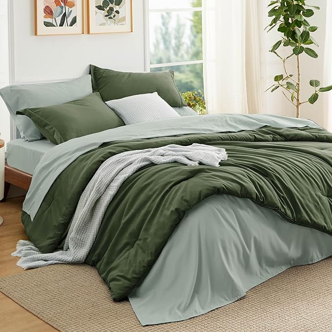 Bedsure Twin Comforter Set - 5 Pieces Olive Green Twin Bedding Set for All Seasons, Boho Contrasting Design Bed in a Bag with Comforter, Sheets, Pillowcase & Sham