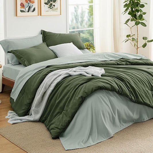 Bedsure Full Size Comforter Set - 7 Pieces Olive Green Full Bedding Set for All Seasons, Boho Contrasting Design Bed in a Bag with Comforter, Sheets, Pillowcases & Shams