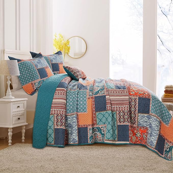 VAPUTAR Cotton Quilt Queen Size Bedding Set - 3 Pieces, Boho Queen Size Quilts, Lightweight Reversible Coverlets Bedspreads for Farmhouse Bedroom