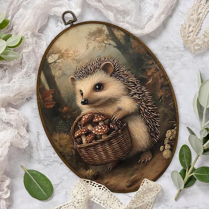 Gnmduw Vintage Hedgehog Oval Wall Art Framed, Fall Cottagecore Mushroom Canvas Prints Hanging Decor, Dark Academia Mushroom Hedgehog Wall Decor for Nursery Gallery Bedroom Living Room, 8.7x11.3 In