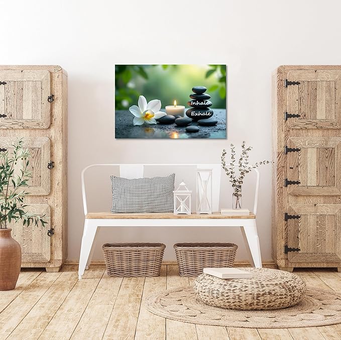 YIOZHAOFH Louts Wall Art Yoga Room Painting Zen Office Decor Women Spa Picture Calming Relax Canvas Prints Inhale Exhale Artwork Framed for Living Room Ready to Hang (24L x 36W)