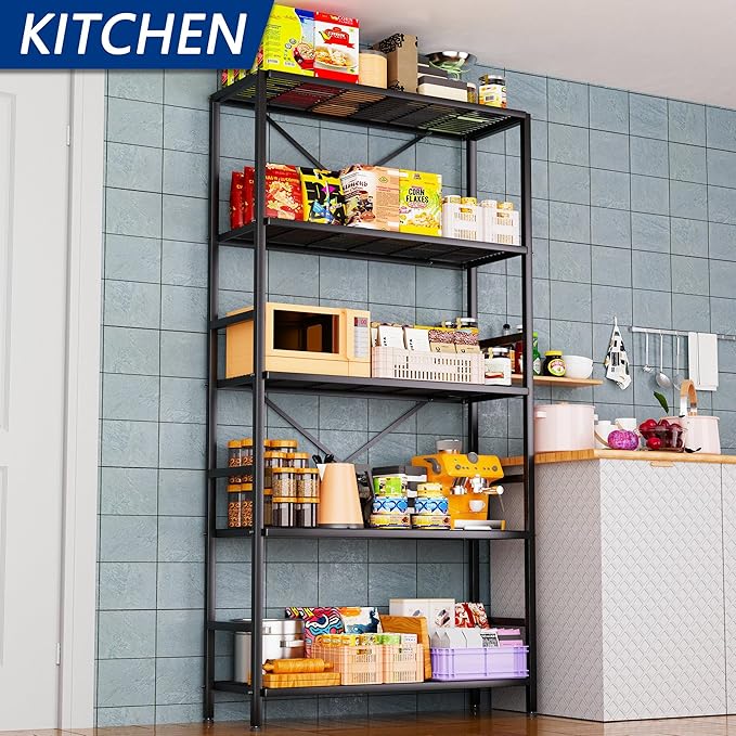 5-Tier Heavy Duty Garage Shelving Unit,Standing Storage Shelf,Metal Wire Rack Shelf Suitable for Laundry Rooms,Bathrooms,Kitchen Storage Rooms,Wardrobes(Black,37.8L x 14W x 65.7H)