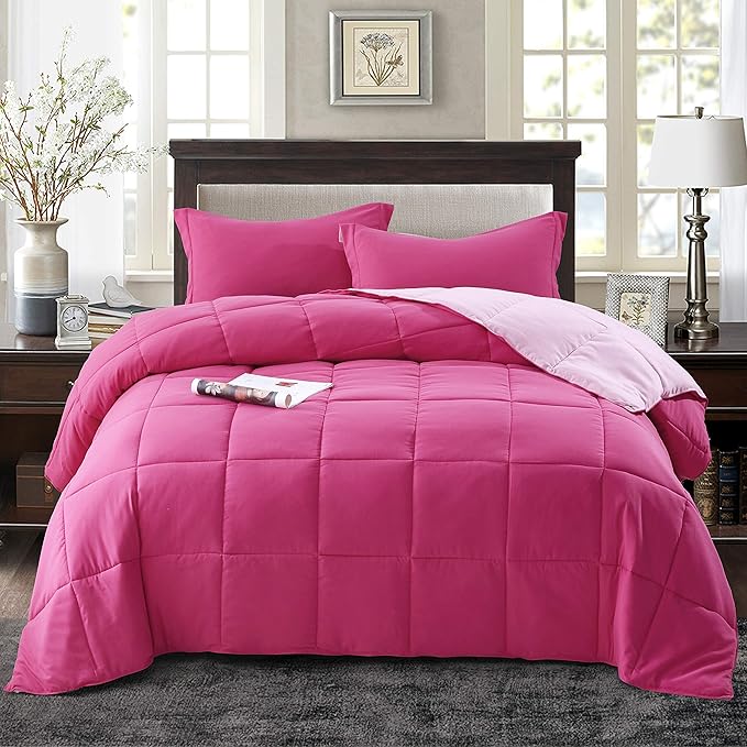 HIG 3pc Pink King Comforter Set Duvet Insert, Reversible, All Season, Box Stitched, with Corner Tabs, Soft, Fluffy