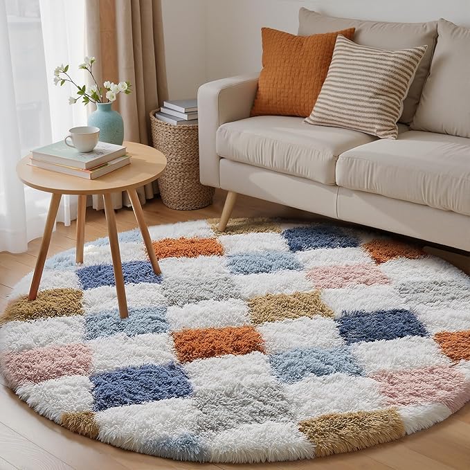 Checkered Rug 4x4 for Living Room, Modern Rainbow Shag Rug Super Soft Washable Indoor Fuzzy Carpet Non-Slip Fluffy Rugs for Bedroom Home Aesthetic Decor