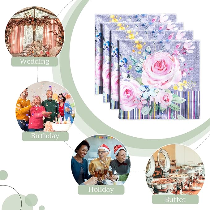 Maison d' Hermine Cloth Napkins Set of 4 100% Cotton Everyday Reusable Square Napkins Cloth Washable, Dinner, Party, Wedding, Restaurant, Spring/Summer (Sweet Rose Lavender - Lush, 20" x 20")