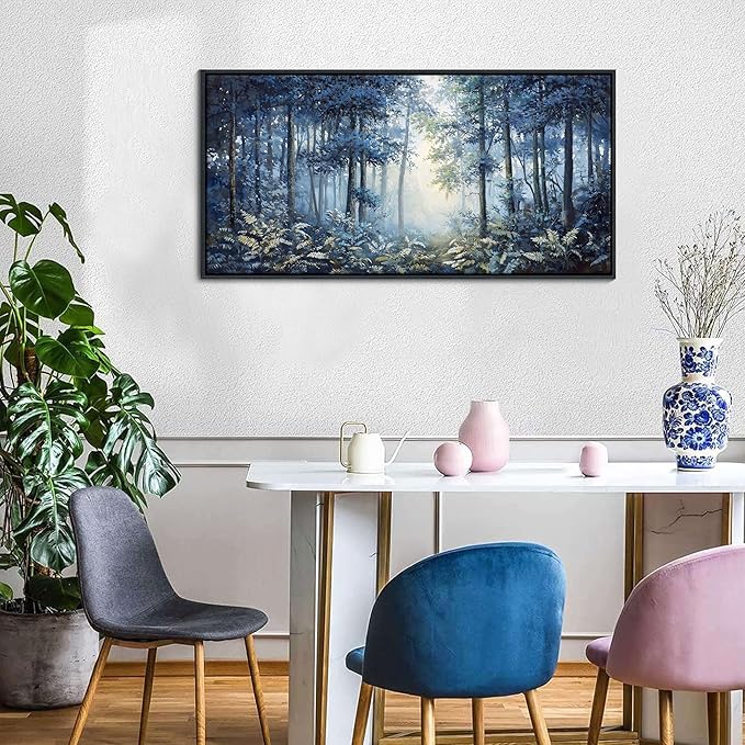 Forest Canvas Wall Art for Living Room - Navy Blue Bedroom Wall Art, Landscape Pictures Wall Decor, Forest Painting, Framed Nature Tree Artwork Walls 20×40IN