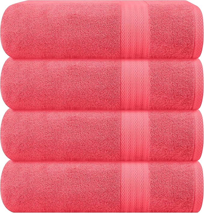 GLAMBURG Premium Cotton 4 Pack Bath Towel Set - 100% Pure Cotton - 4 Bath Towels 27x54 - Ideal for Everyday use - Ultra Soft & Highly Absorbent - Coral Orange