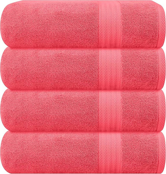 GLAMBURG Premium Cotton 4 Pack Bath Towel Set - 100% Pure Cotton - 4 Bath Towels 27x54 - Ideal for Everyday use - Ultra Soft & Highly Absorbent - Coral Orange