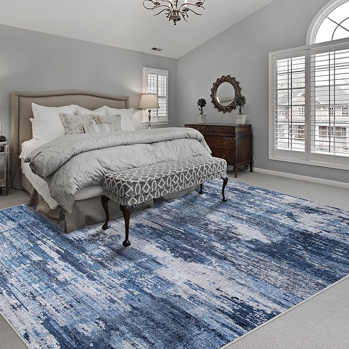 Area Rug Living Room Rugs: 5x8 Rug for Bedroom Machine Washable with Non Slip Backing Non Shedding Abstract Stain Resistant Large Carpet for Dining Room Nursery Home Office - Beige/Blue