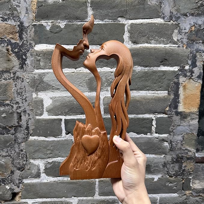 Wooden Kissing Couple Ornament, Abstract Couple Portrait Sculpture Romantic Love Statue Decor Gift for Women Anniversary Valentine Wedding - 14 Inch