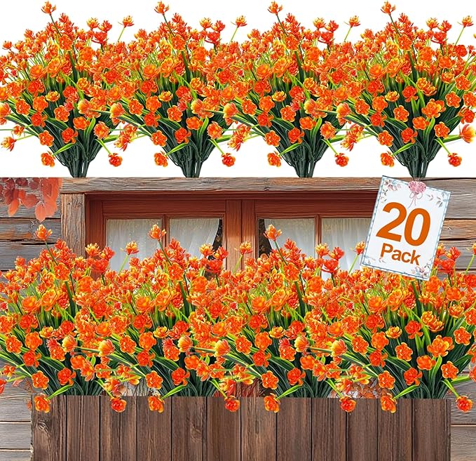 20 Bundles Artificial Fall Flowers for Outdoors Fall Decorations-UV Resistant Fake Mums Faux Plants Plastic Flowers Greenery Home Porch Gardens Fireplace Patio Autumn Indoor Thanksgiving Decor(Orange)