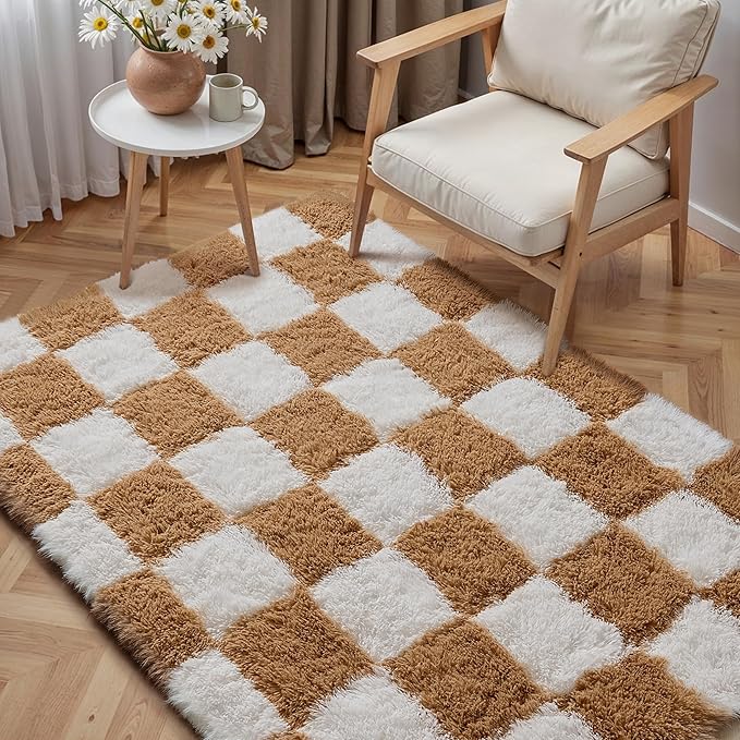 Checkered Rug 3x5 for Living Room, Beige and White Modern Shag Rug Super Soft Washable Indoor Fuzzy Carpet Non-Slip Fluffy Rugs for Bedroom Home Aesthetic Decor