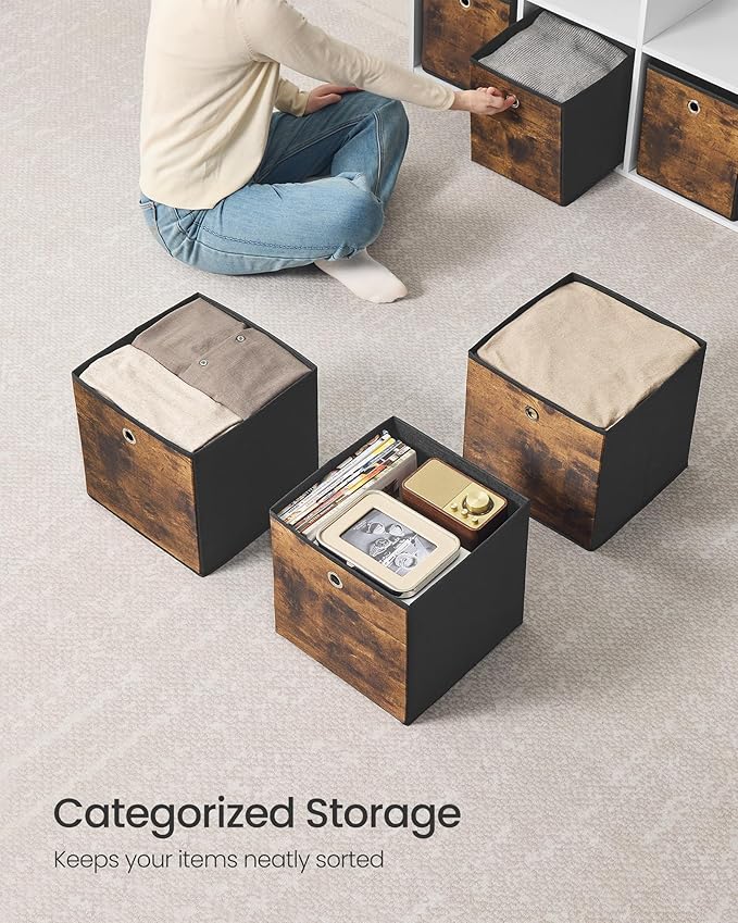 SONGMICS Storage Cubes, Set of 8 Storage Bins, Foldable Fabric Storage Boxes, 11.8 x 11.8 x 11.8 Inches, Fit Cube Storage Unit, for Clothes, Bedroom, Living Room, Rustic Brown and Ink Black URFB830B01