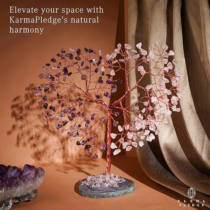 Crystal Tree for Home and Office Decoration, Amethyst & Rose Quartz Healing Stones Handmade Tree of Life for Positive Energy, Money, Good Luck, Christmas Decor, Birthday Gifts for Women, Mom
