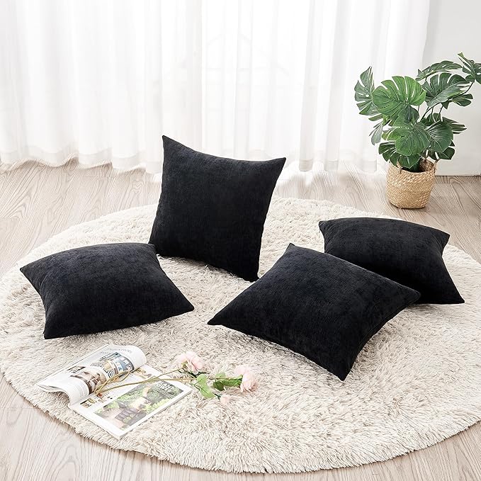 GAWAMAY Decorative Square Throw Pillow Covers 18"x18" Inch Set of 4, Super Soft Chenille Pillows Farmhouse Fall Pillowcase for Living Room Bedroom Sofa Couch Cushion Cover Black 45x45cm (No Insert)