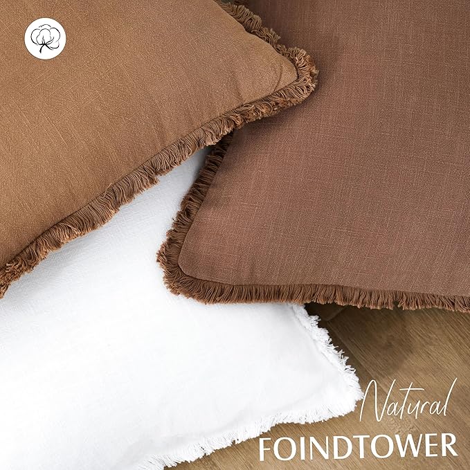 Foindtower Set of 2 Decorative Linen Fringe Throw Pillow Covers Cozy Boho Farmhouse Cushion Cover with Tassels Soft Accent Pillowcase for Couch Sofa Bed Living Room Home Decor, 16×16 Inch, Rust