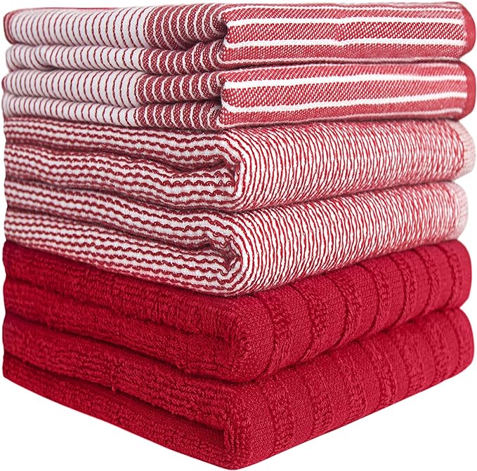 Premium Cotton Kitchen Towels (20”x 28”, 6 Pack) | Large Absorbent Terry & Flat Towel Set with Hanging Loop | Red
