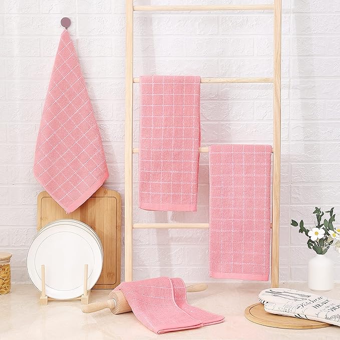 Homaxy 100% Cotton Terry Kitchen Towels(Pink, 13 x 28 inches), Checkered Designed, Soft and Super Absorbent Dish Towels, 6 Pack