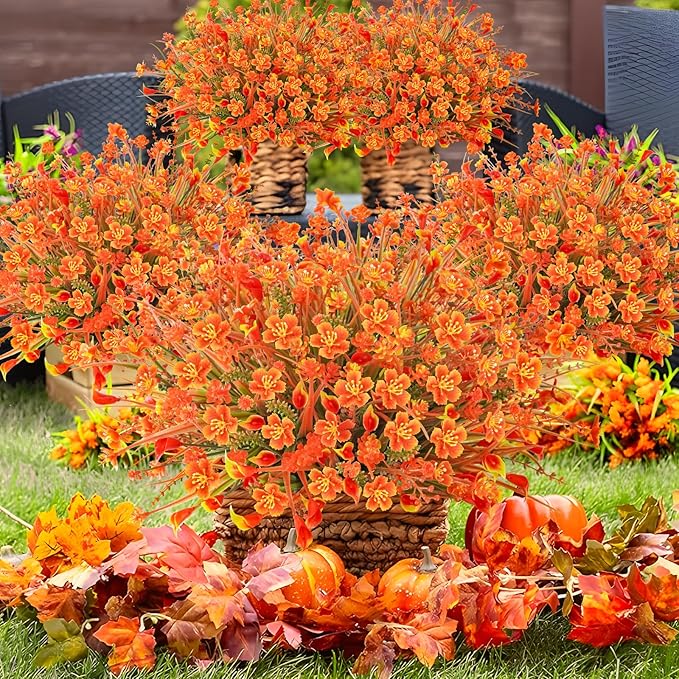 16Pcs Outdoor Fall Flowers UV Resistant Artificial Fall Flowers Autumn Plastic Flowers Plants Fall Greenery Shrubs for Outside Garden Front Porch Patio Thanksgiving Decor
