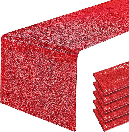 6 Packs 12 x 108 inches Red Sequin Table Runner, Glitter Red Table Runner for Wedding Birthday Bachelorette Holiday Party Supplies Decorations Bridal Shower Baby Shower